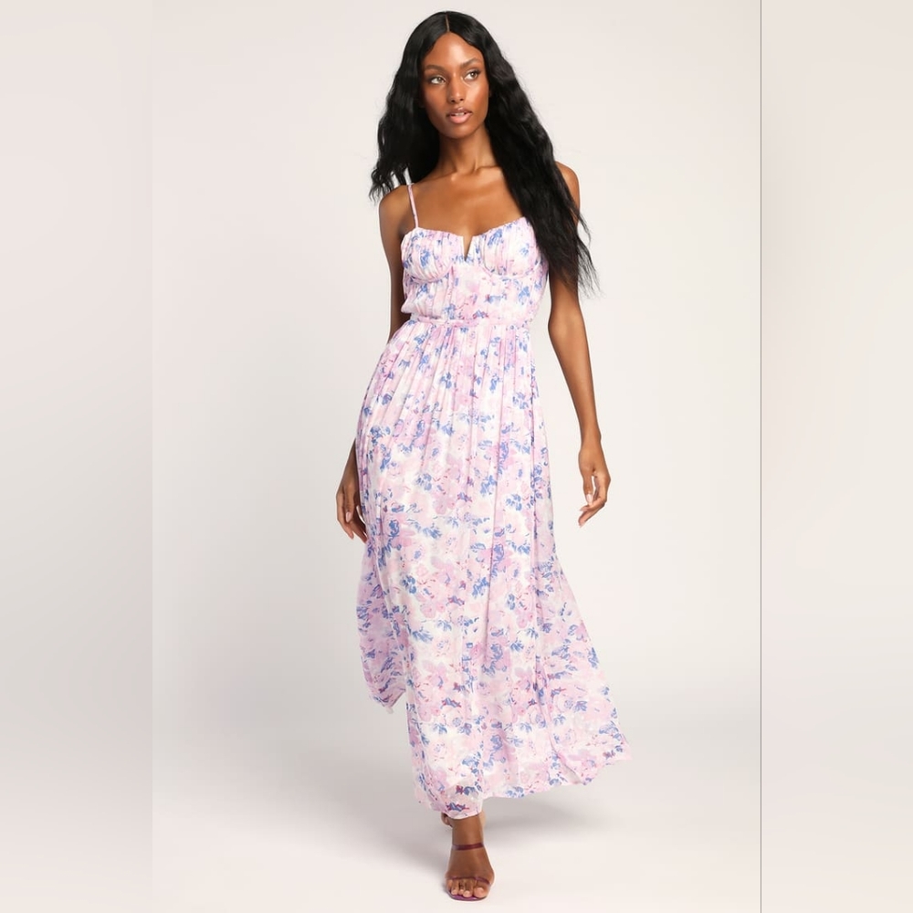 Total Darling Pink Multi Floral Print Notched Bustier Maxi Dress